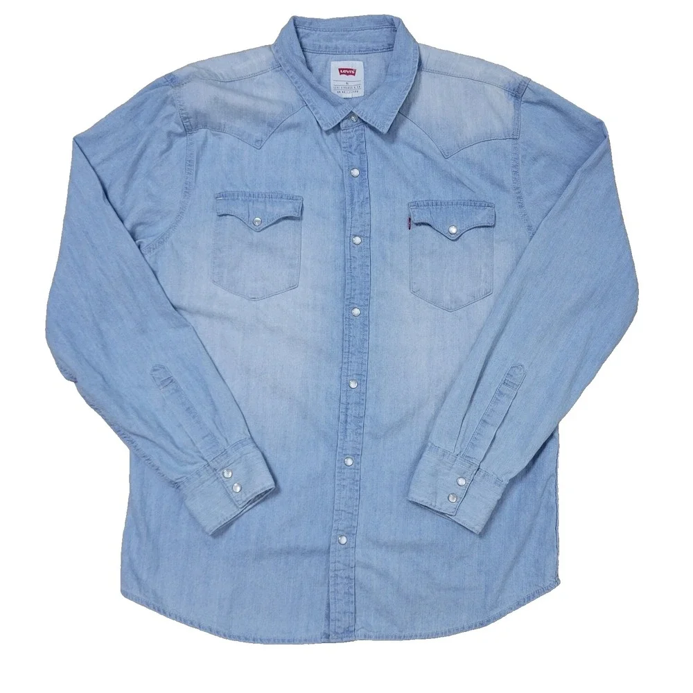 Vintage Levis Red Tab Mens XL Blue Denim Pearl Snap Long‎ Sleeve Light Wash